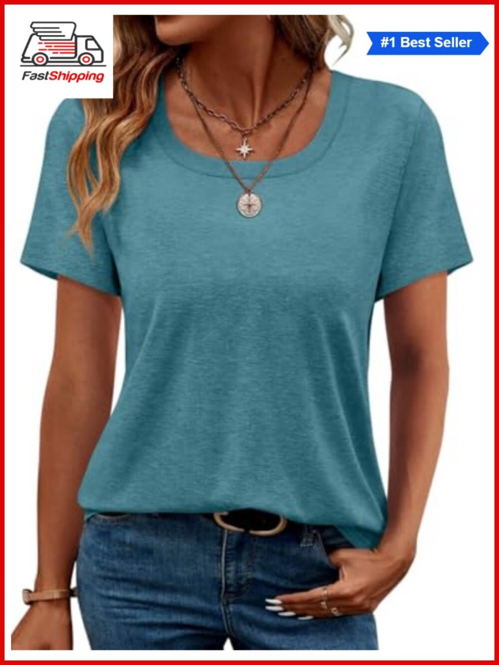Women's Square Neck Short Sleeve Casual Loose Fit T-Shirt